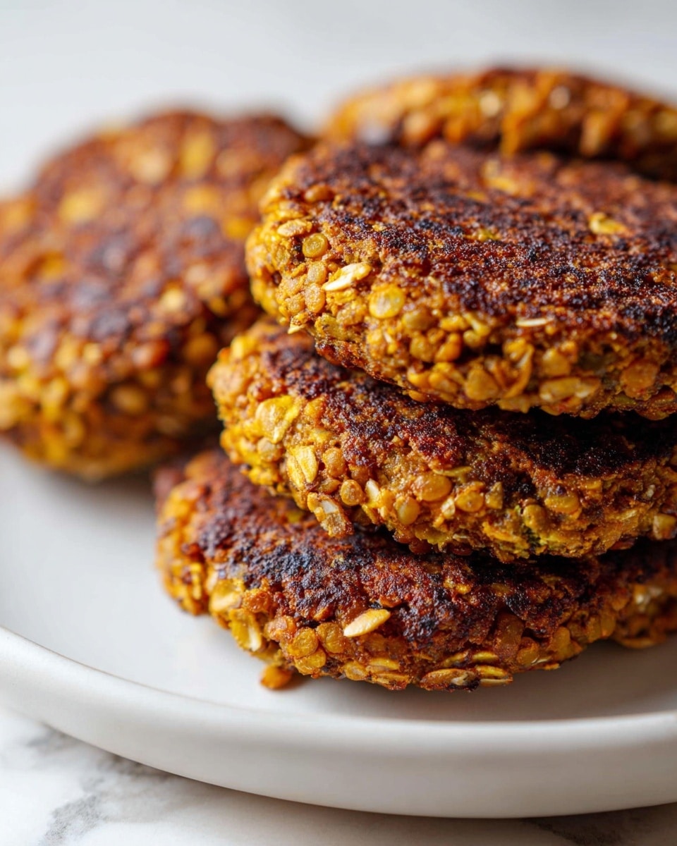 A close-up view shows several golden-brown patties stacked slightly on a simple white plate. Each patty has a rough texture with visible oats and seeds, tightly packed, with a crispy, dark toasted crust on the surface. The edges reveal some uneven oats and lentils, adding a homemade feel. The background is a white marbled texture that softly contrasts with the warm colors of the patties. photo taken with an iphone --ar 4:5 --v 7