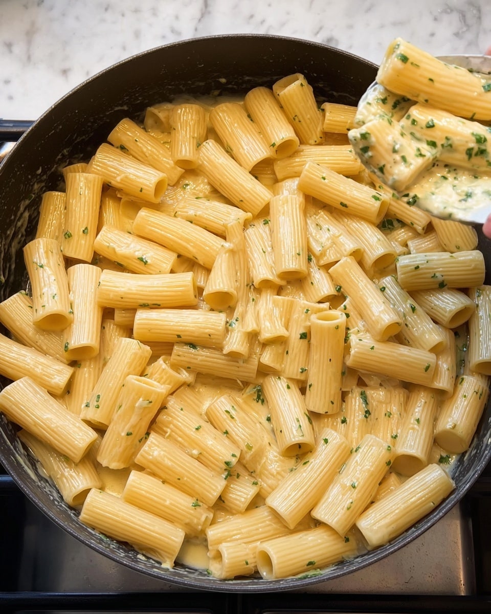 The image shows a close-up of a black pan filled with rigatoni pasta coated in a creamy, light yellow sauce with small green herb pieces mixed in. The rigatoni tubes are smooth and glossy, arranged loosely in the pan with some standing and others lying on their sides. The sauce evenly covers the pasta, giving it a shiny, rich appearance. To the right, a scoop of the same sauce with herbs is visible above the pan, held by a woman's hand. The setting has a white marbled texture under the pan. photo taken with an iphone --ar 4:5 --v 7