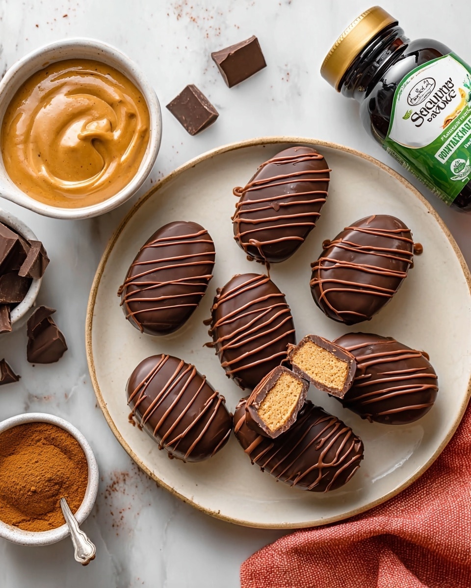 A light blue plate holds nine oval-shaped chocolate-covered treats, each with a smooth, shiny dark brown chocolate outer layer decorated with thin, wavy chocolate lines drizzled on top. One treat is cut in half, showing a dense, moist orange-brown filling inside. A small white bowl on the plate contains creamy, smooth peanut butter with a gentle swirl on its surface. The plate is set on a white marbled texture. On the right side, there are two glass bottles: one tall with a green lid labeled cinnamon and one shorter dark bottle with a green lid labeled vanilla extract. Close to them is a white bowl with broken dark chocolate pieces. A yellow checkered cloth and small white flowers partially appear in the top right corner. Photo taken with an iphone --ar 4:5 --v 7