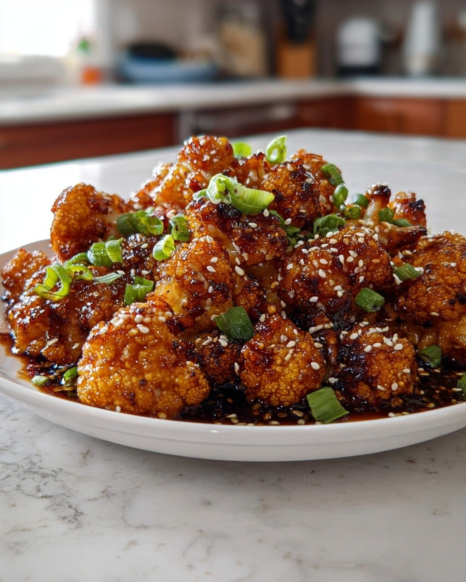 A pile of crispy cauliflower florets coated in a thick, shiny dark brown sauce sits in the center of a white plate, each floret richly glazed and textured with a slightly rough surface from the fried batter underneath. The cauliflower pieces are garnished with small green chopped scallions and sprinkled evenly with white sesame seeds, adding contrast and texture to the deep glossy sauce. The dish is placed on a white marbled surface with soft natural light highlighting the glossy sauce and the vibrant green of the scallions. photo taken with an iphone --ar 4:5 --v 7