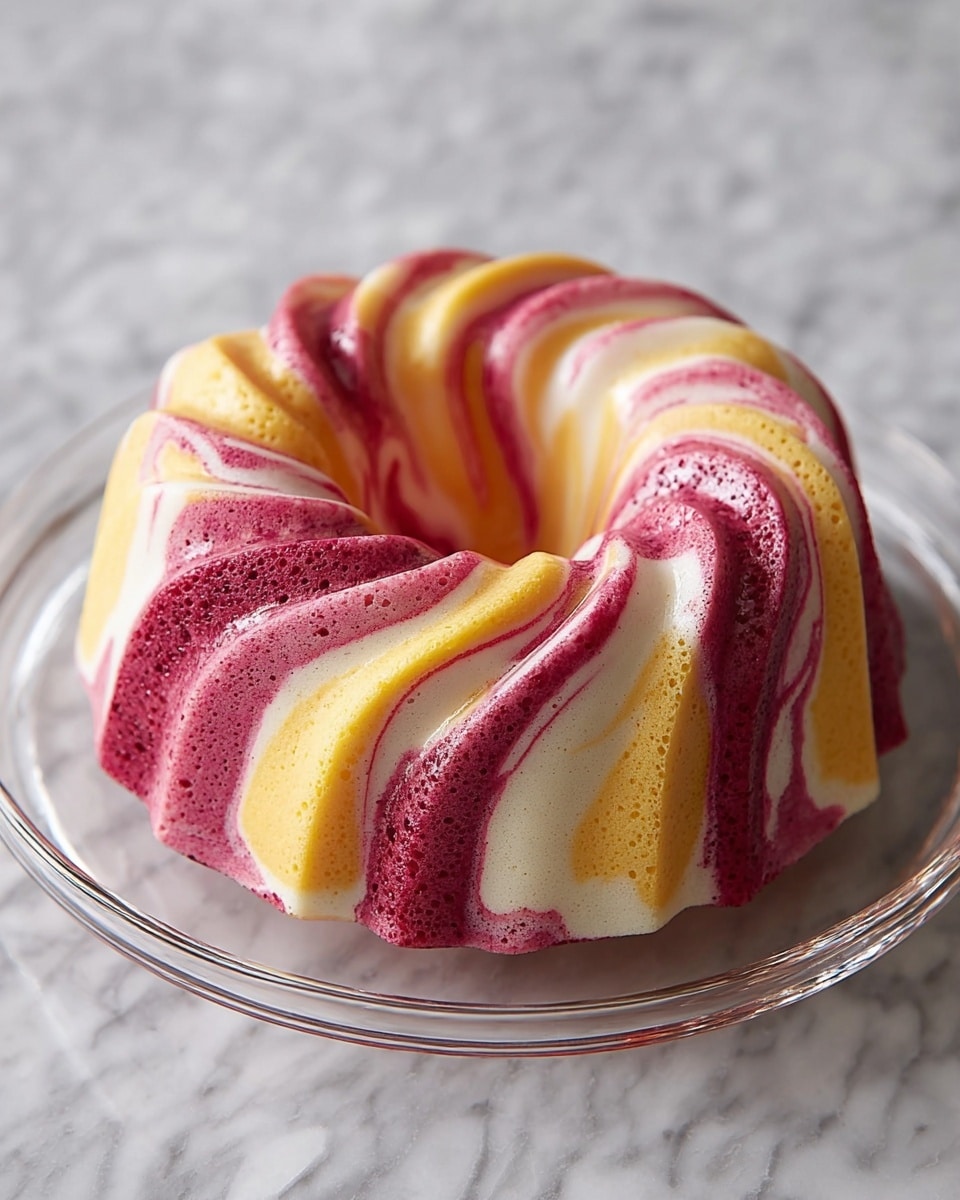 A round, swirled bundt cake with three visible color layers—deep pink, pale yellow, and white—forms a smooth, glossy surface with textured, small air holes. The colors twist together in curved, flowing patterns around the cake’s ridged shape, creating a marbled effect. The cake sits centered on a clear glass plate, which is placed on a white marbled textured surface. photo taken with an iphone --ar 4:5 --v 7