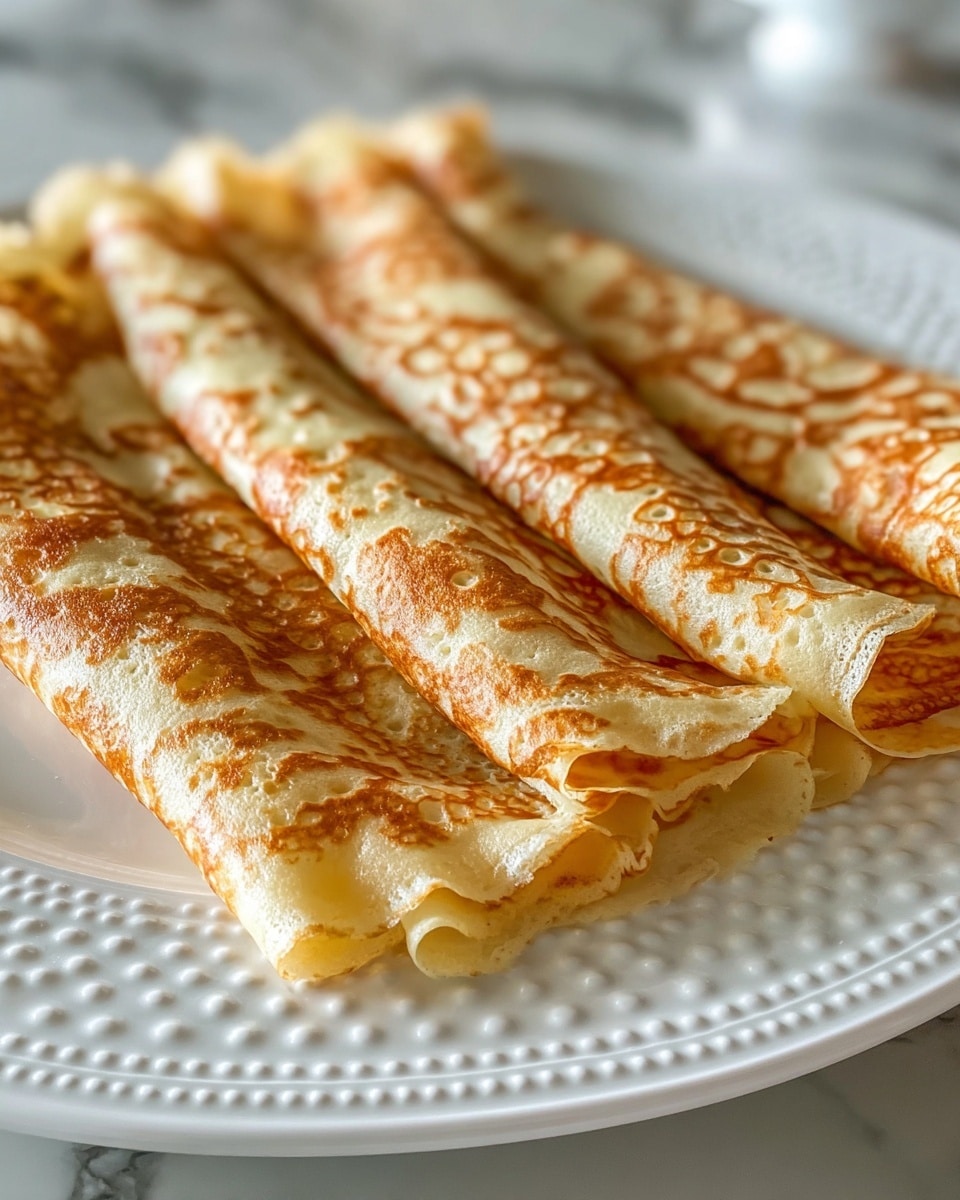 The image shows six thin crepes folded into quarters, each with a golden brown pattern and some lighter spots, arranged neatly side by side on a white plate with a raised dotted border. The crepes have a soft, lacy texture with small bubbles visible along the edges. The plate is set on a white marbled surface, creating a clean and bright setting. photo taken with an iphone --ar 4:5 --v 7