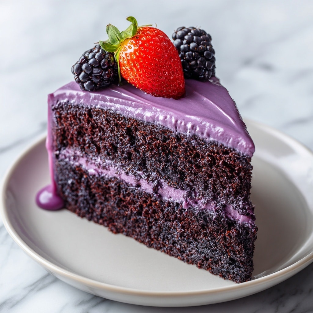 A slice of dark purple chocolate cake on a white plate with a soft, smooth texture. The cake has two layers of rich, dark cake separated by a thick layer of creamy purple frosting. The entire slice is covered in the same shiny purple frosting, with a slight drip near the bottom edge. On top, there is a fresh red strawberry in the center, flanked by two plump, dark blackberries on each side. The background shows a blurred white marbled texture, giving focus to the vibrant cake slice. Photo taken with an iphone --ar 4:5 --v 7