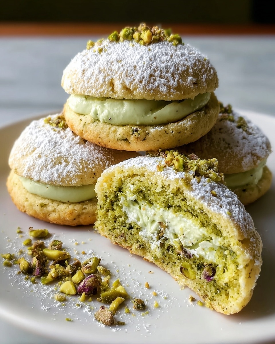 Three round cookies dusted with white powdered sugar are placed on a white plate with a white marbled texture surface. Each cookie has two layers of soft, crumbly golden-green dough with a thick, smooth pale green cream filling in between. The cream filling is topped with small chopped pistachio pieces, adding a touch of texture. Crushed pistachios are scattered around the base of the cookies on the plate, enhancing the look. One cookie is cut in half, showing the green cream and nuts inside clearly. Photo taken with an iphone --ar 4:5 --v 7
