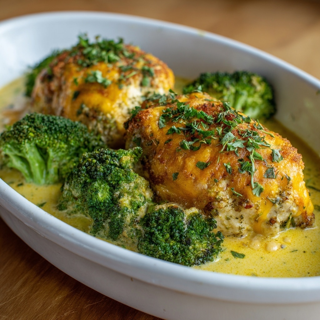 A white oval dish filled with two large pieces of chicken topped with a golden brown crust and melted orange-yellow cheese, sprinkled with fresh green herbs. Around the chicken, bright green broccoli florets sit in a creamy light yellow sauce with green flecks. The chicken crust looks crispy with a coarse texture, while the sauce is smooth and glossy, pooling gently at the bottom of the dish. The overall colors are warm and vibrant, with the rich cheese and fresh broccoli standing out against the creamy sauce and white dish. Photo taken with an iphone --ar 4:5 --v 7