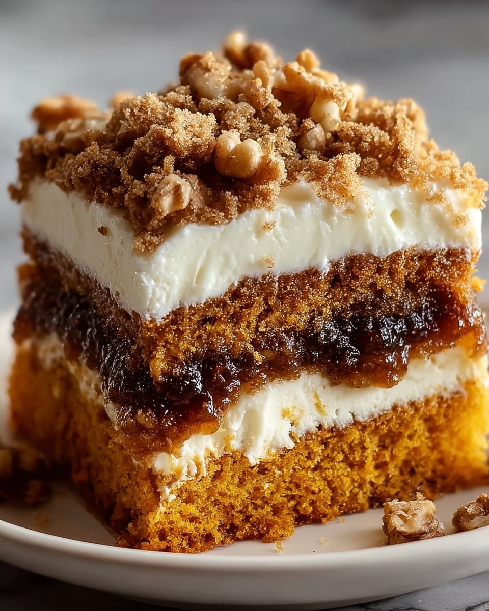 A close-up view of a three-layered dessert piece on a white plate, where the bottom layer is a thick, soft, orange-brown cake with a slightly rough texture. The middle layer is a dark, sticky, shiny filling that looks rich and moist. The top layer is a thick, smooth, creamy white frosting, covered with a crumbly topping made of small, rough tan-colored bits and walnuts dripping with a light syrup. The background and surface are a white marbled texture. Photo taken with an iphone --ar 4:5 --v 7