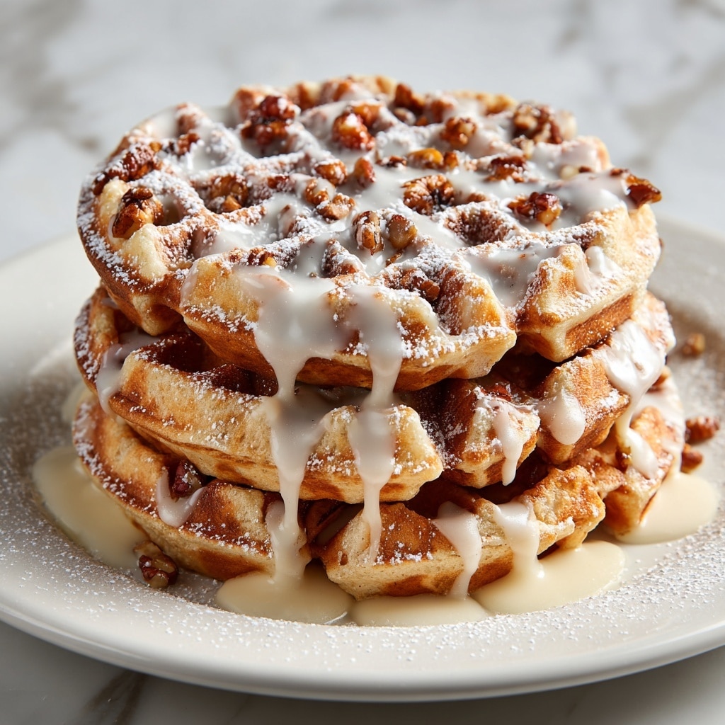 The image shows three small waffles close up on a dark surface, each waffle golden brown with a crisp texture. The waffles are filled with small chunks of apple and bits of pecan visible in the waffle pockets, giving a mix of light tan and warm brown colors. A drizzle of white icing runs unevenly over the waffle tops, adding a light contrast to the warm tones, and there is a light dusting of powdered sugar adding a soft white touch. The waffles have a slightly irregular shape and a crunchy look, with syrup pooling slightly around the base. photo taken with an iphone --ar 4:5 --v 7