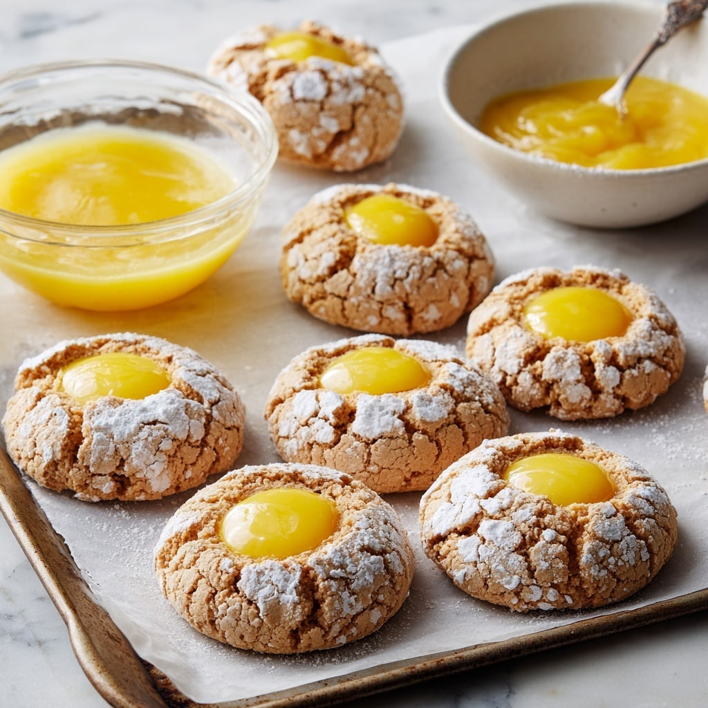 The image shows a baking tray lined with parchment paper on a white marbled surface, holding seven round cookies. Each cookie has two layers: a cracked light beige outer dough dusted with white powdered sugar in a round shape, and a smooth bright yellow filling placed in the center, looking creamy. In the background, there is a clear glass bowl partly filled with the same yellow filling and a white bowl with a spoon holding some yellow mixture. The scene is softly lit, emphasizing the textures of the cracked dough and smooth filling. photo taken with an iphone --ar 4:5 --v 7