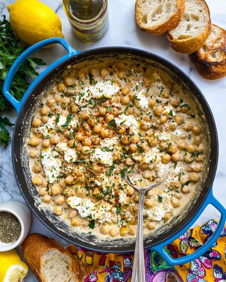 The image shows a creamy chickpea dish with three main layers visually blending together: the base layer is creamy and pale yellow with a smooth texture, the middle layer consists of whole chickpeas that are light brown and soft, and the top layer is dotted with crumbled white cheese and small green herb pieces scattered across. There are specks of red seasoning sprinkled on top, adding contrast, and a shiny metallic spoon scooping some of the chickpea mixture near the center-right, all set against a white marbled texture background. Photo taken with an iphone --ar 4:5 --v 7
