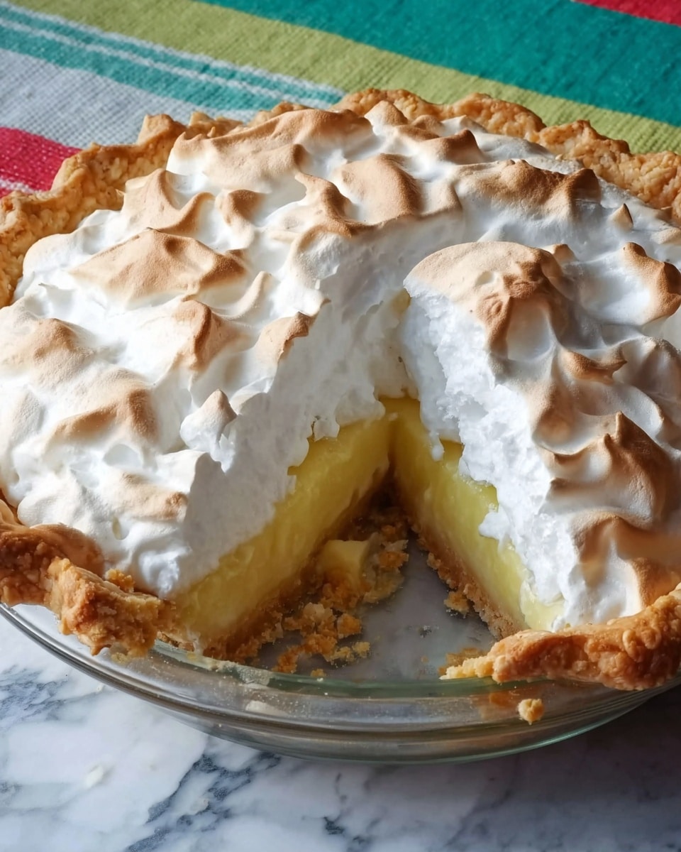 A lemon meringue pie with three visible layers sits in a clear pie dish. The bottom layer is a golden-brown crust with a slightly rough, crumbly texture. Above it is a thick, pale yellow lemon filling that looks smooth and shiny. The top layer is a fluffy white meringue that is lightly browned on the peaks, showing soft swirls and a soft, airy texture. One slice has been cut out, revealing these layers clearly. The pie is placed on a surface with a white marbled texture, and the background has a multicolored cloth with stripes. photo taken with an iphone --ar 4:5 --v 7