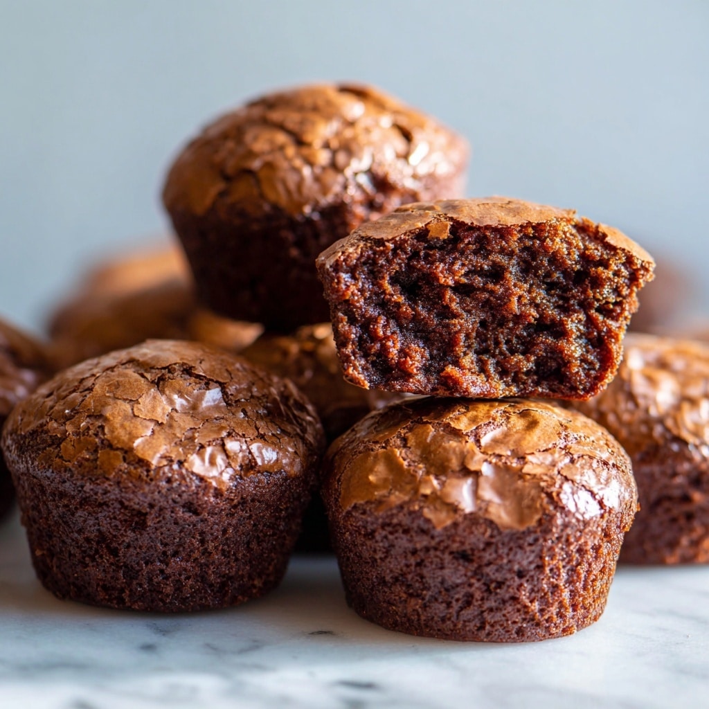 A pile of small, round chocolate brownies with a cracked, shiny top layer and a rich, dark brown crumbly inner layer is arranged on a white marbled surface. One brownie is cut in half and placed in the center, showing its soft and moist texture inside, while the surrounding whole brownies reveal a slightly domed and cracked surface with a dense and fudgy appearance. The background is softly blurred, featuring light pastel colors that give a warm and cozy feel. photo taken with an iphone --ar 4:5 --v 7