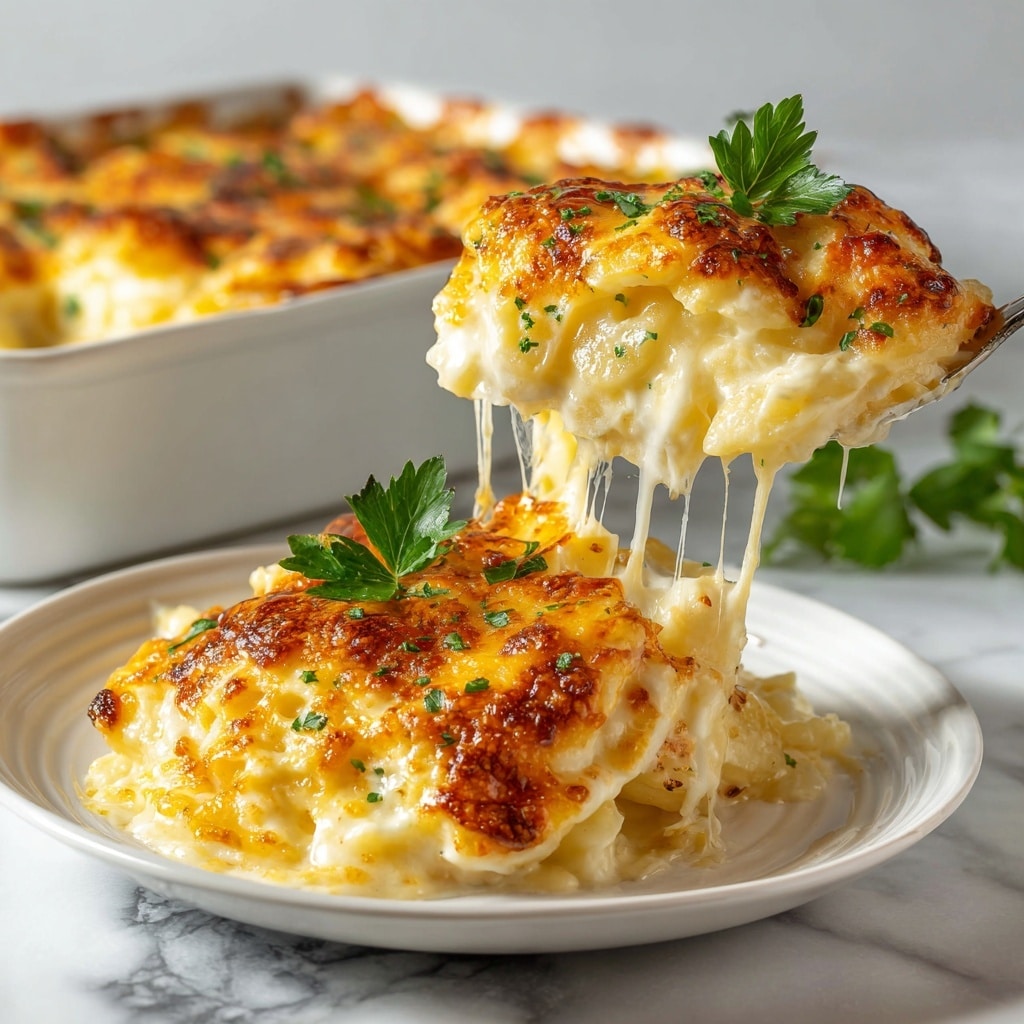 The image shows a slice of cheesy potato casserole on a white plate with a golden-brown, bubbly top layer of melted cheese. The slice reveals multiple layers of creamy white potato chunks covered with a thick layer of gooey, stretchy yellow cheese being lifted by a fork and spoon, with a small green parsley leaf garnish on top. The casserole dish in the background is white, filled with more of the same casserole with a browned cheese crust. The scene is set on a white marbled surface, highlighting the warm colors of the dish. Photo taken with an iphone --ar 4:5 --v 7