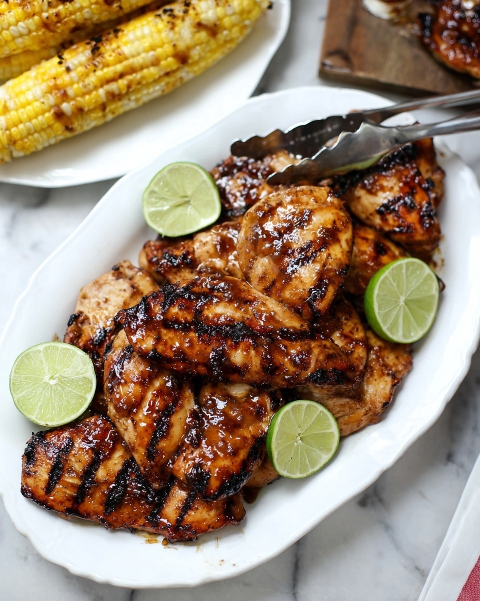 The image shows a white oval plate filled with several pieces of grilled chicken that are golden brown with dark char marks and a shiny glaze on the surface, giving the chicken a juicy texture. On top of the chicken, there are slices of bright green lime adding a fresh contrast. Next to this plate, partially seen in the background, is another white plate holding four pieces of grilled corn with slightly charred spots. A metal tong rests on the edge of the chicken plate, and the whole scene is set on a white marbled texture surface. photo taken with an iphone --ar 4:5 --v 7