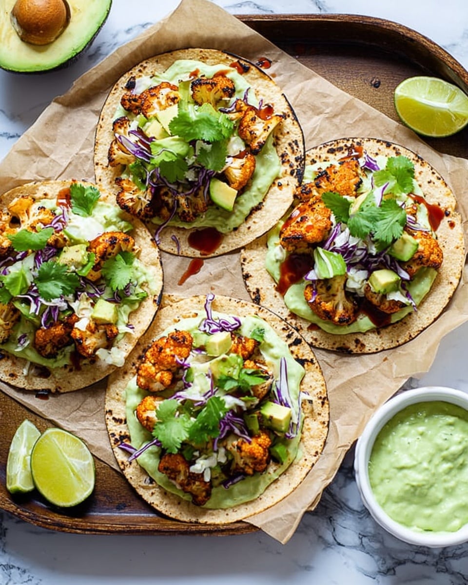 Three toasted tortillas lie on brown parchment paper on a dark baking tray, each topped with a green creamy sauce as the base layer. On top of the sauce are pieces of roasted, browned cauliflower with some light charring, mixed with small chunks of pale green avocado and thin shreds of purple cabbage. Fresh green cilantro leaves are scattered over each tortilla, along with a drizzle of dark red sauce. Wedges of lime sit on the parchment between the tortillas, a whole avocado is in the top left corner, and a white bowl filled with more green creamy sauce is at the right edge. The background is a white marbled surface. photo taken with an iphone --ar 4:5 --v 7