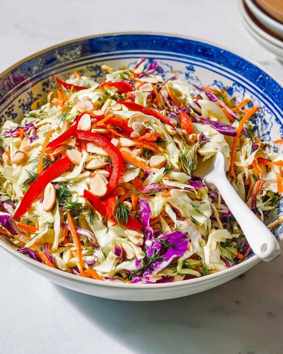 A large white bowl with blue designs on the inside is filled with a colorful salad showing multiple layers and textures. The bottom layer is mostly thin strips of white and purple cabbage, mixed throughout with orange carrot sticks. On top of this, bright red thin bell pepper slices and scattered round almond slices add pops of color and texture. Fresh green herbs like dill and parsley are sprinkled over the salad, giving green highlights. A white serving spoon rests on the side of the bowl, ready to scoop the salad. The whole scene is set on a white marbled surface. photo taken with an iphone --ar 4:5 --v 7