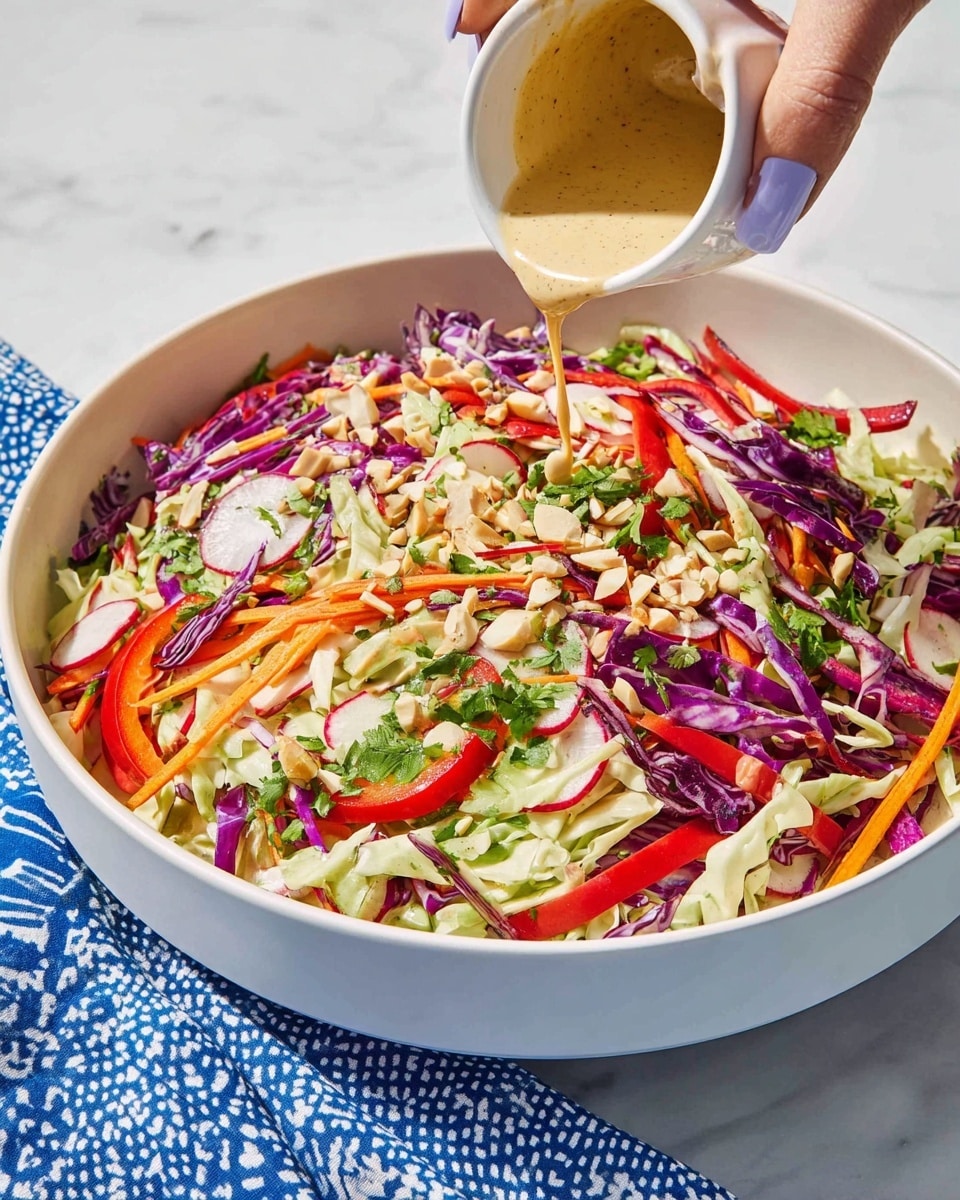 A large white bowl filled with a colorful salad made of several layers: shredded green cabbage, thin slices of red cabbage, julienned orange carrots, thin strips of red bell pepper, sliced radishes, and slivered almonds scattered on top, all mixed with chopped fresh green herbs. A creamy light tan dressing is being poured over the salad from a small white cup held by a woman's hand with pale lavender nail polish. The bowl sits on a white marbled surface with a blue patterned cloth partially visible behind. photo taken with an iphone --ar 4:5 --v 7