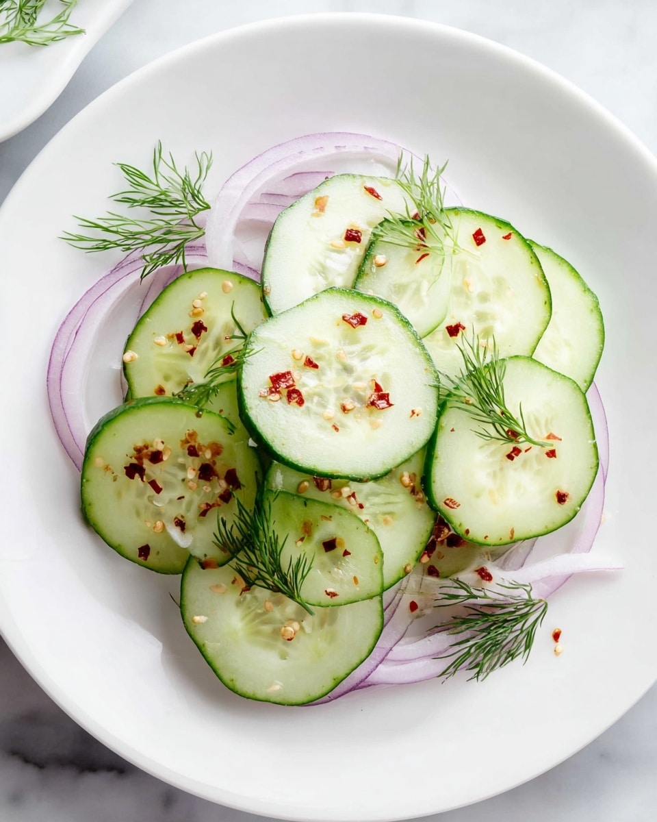 A white plate holds a simple salad of two main layers: thin, bright green cucumber slices with darker green edges form the base, layered with thin strips of pale purple onion scattered on top and slightly underneath some cucumber slices. The salad is sprinkled with small red chili flakes and tiny brown seeds for texture, and garnished with a few sprigs of fresh, feathery green dill placed carefully on top. To the top left of the plate, a glass jar filled with more cucumber and onion slices in clear liquid is partially visible. Fresh dill sprigs lie on the white marbled surface to the right of the plate, with scattered red chili flakes nearby, completing the fresh and simple presentation. Photo taken with an iphone --ar 4:5 --v 7