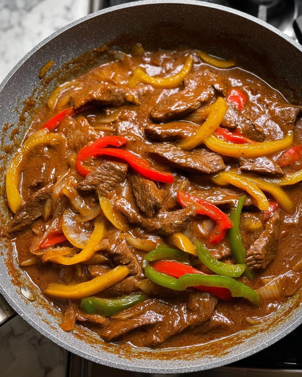 The image shows a close-up of a thick stew cooking in a pan, filled with several layers of ingredients. The bottom layer is a rich, brown sauce with a smooth texture that coats all the other elements. On top of this sauce are slices of browned beef, tender-looking and irregular in shape. Mixed evenly with the beef are strips of red, yellow, and green bell peppers, adding bright splashes of color and some freshness to the dish. There are also some translucent chunks of onion in the stew, adding texture among the meat and peppers. The pan has some sauce splashed on its gray inside edges, showing the cooking process. The photo has a white marbled countertop background with parts of a stove visible. photo taken with an iphone --ar 4:5 --v 7