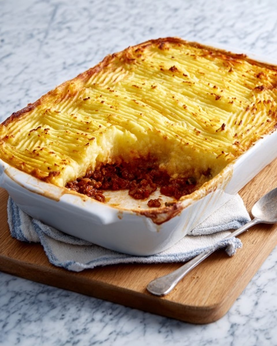 The image shows a square piece of shepherd's pie on a white plate. The bottom layer is a mix of cooked ground meat and small pieces of vegetables like orange carrots and yellow corn, showing a rich brown and yellow color mix with a soft, chunky texture. On top, there is a thick layer of mashed potatoes, creamy and smooth with a light golden-brown crust that looks slightly crispy. Garnished with small bits of green herbs, the layers contrast clearly in color and texture. The plate sits on a white marbled surface. photo taken with an iphone --ar 4:5 --v 7