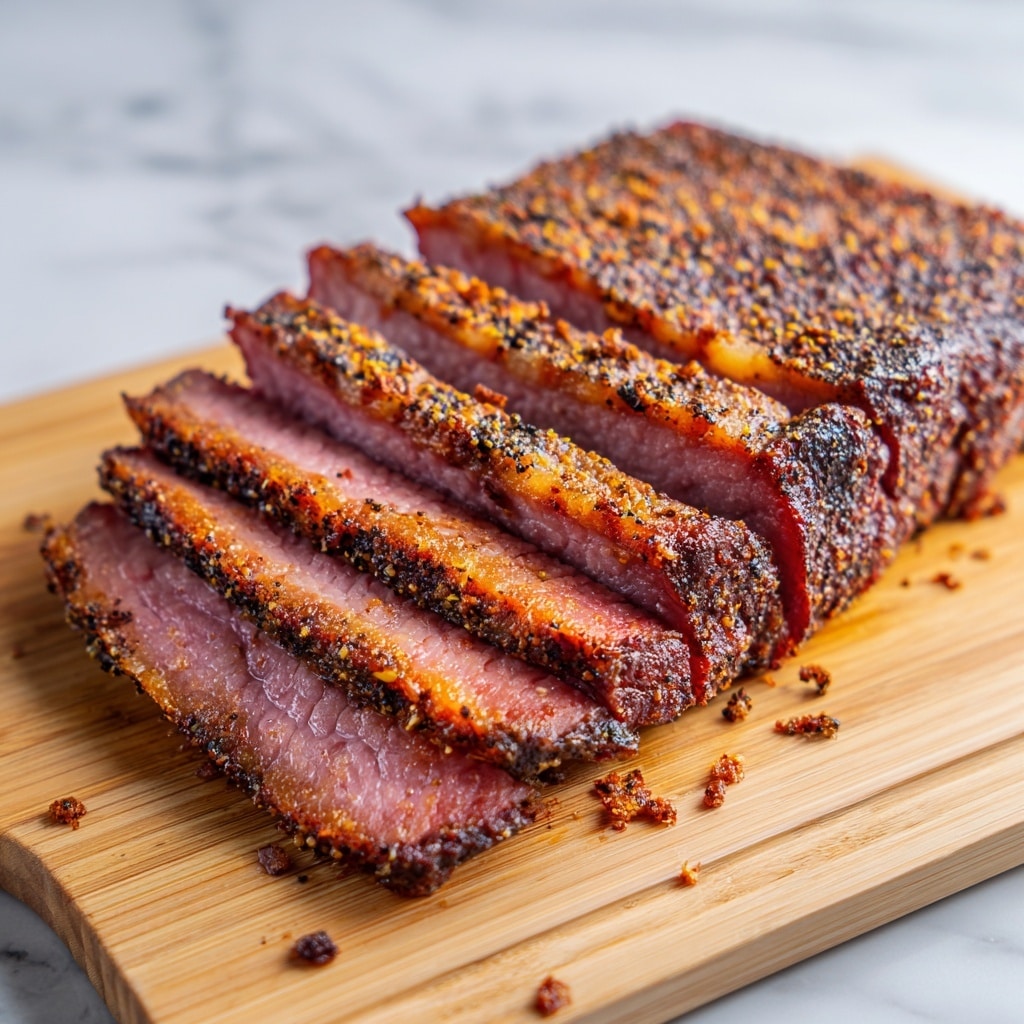 A thick piece of cooked meat with a dark brown outer crust covered in coarse black pepper and spices sits on a light wooden cutting board. The meat is sliced into five thin layers that lie flat in a neat row, showing a deep pinkish-red color inside, with the edges of the slices a darker, more cooked brown. Small bits of meat and crust are scattered on the board around the slices. The background is a white marbled texture. Photo taken with an iphone --ar 4:5 --v 7