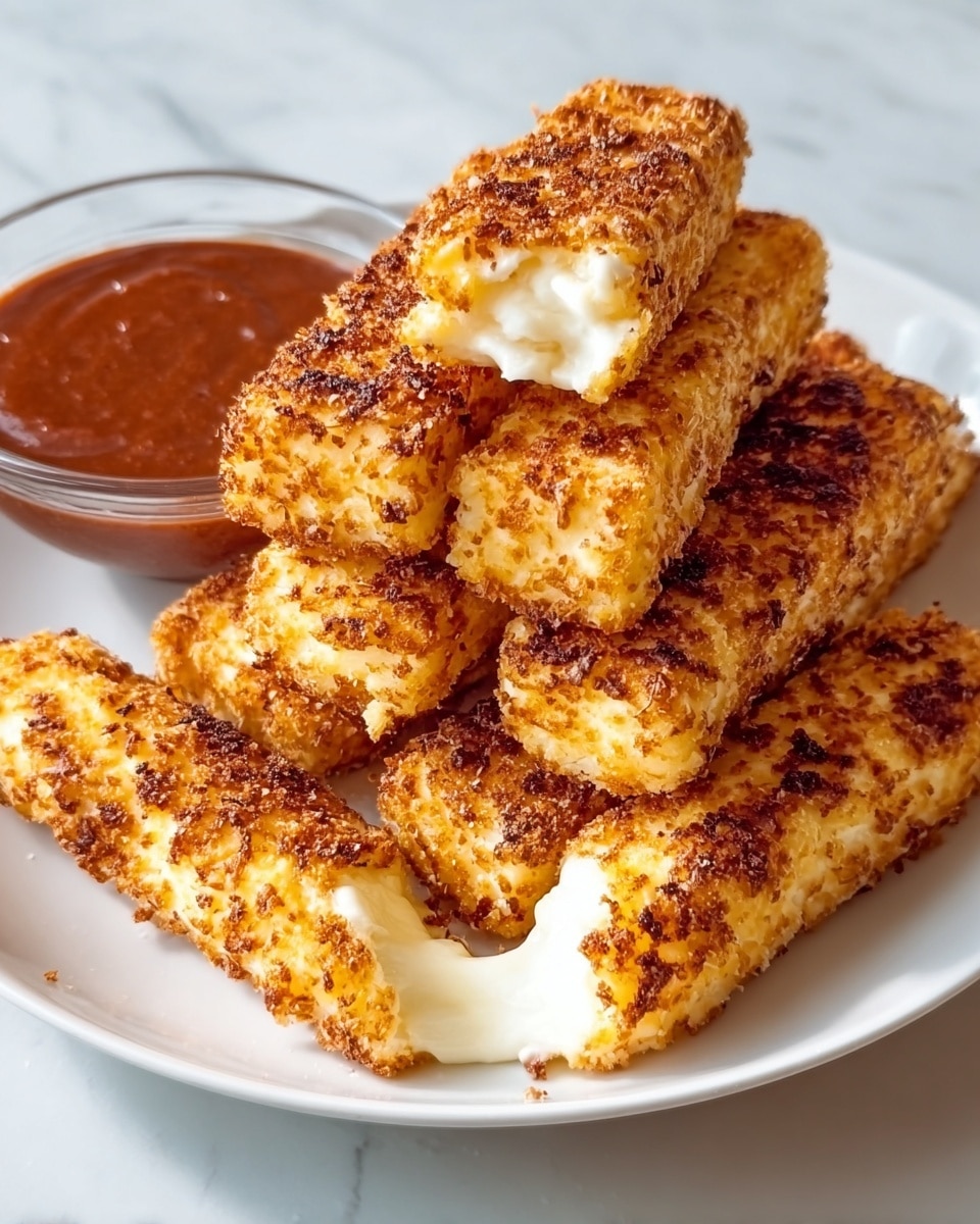 A white plate holds six fried cheese sticks stacked unevenly, each stick showing a crispy golden-brown outer layer with a crunchy texture. One stick on top is bitten, revealing a soft, white, creamy cheese filling inside. In the background, there is a small dollop of red dipping sauce peeking from behind the cheese sticks. The plate is placed on a white marbled surface. Photo taken with an iphone --ar 4:5 --v 7