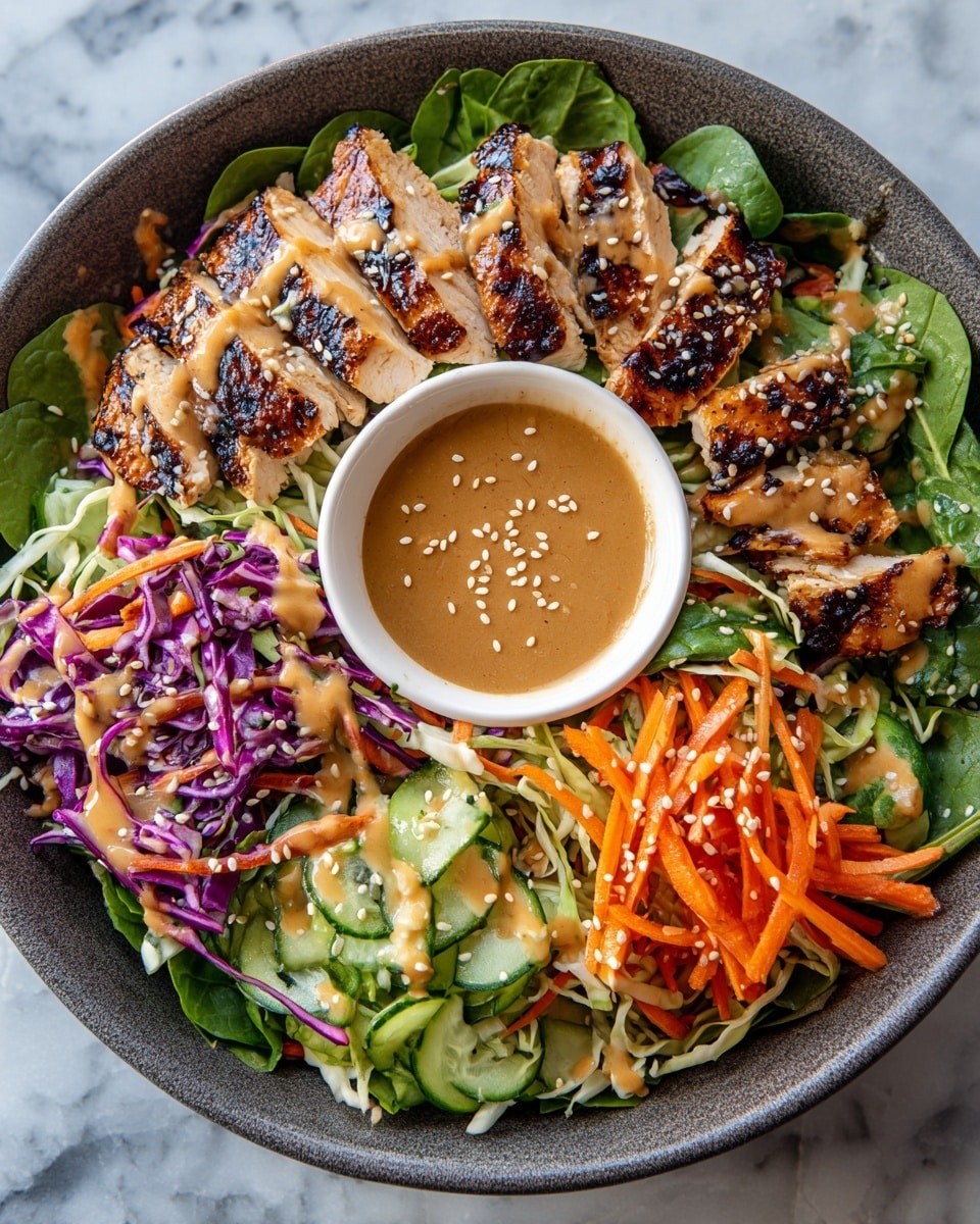 A large white bowl filled with a colorful salad as the base layer, made of shredded purple cabbage, bright orange carrot strips, thin green cucumber slices, and leafy spinach, creating a fresh, textured mix. On top, there are thick slices of grilled chicken breast arranged in a row, showing a golden-brown char with dark grill marks and drizzled with a creamy tan peanut sauce sprinkled with white and black sesame seeds. At the side inside the bowl, a small round white dish contains a smooth tan peanut dipping sauce topped with white sesame seeds. The bowl is placed on a white marbled surface. photo taken with an iphone --ar 4:5 --v 7