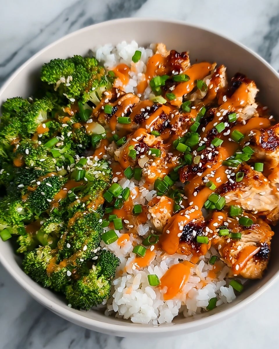 A bowl filled with three visible layers, starting with a base of white rice with a soft, slightly grainy texture, topped with evenly sliced pieces of grilled chicken that have a shiny, dark caramelized glaze with light charring. The chicken pieces are sprinkled with small white sesame seeds and chopped green onions. On one side of the bowl, there are bright green broccoli florets with a fresh, slightly rough surface, drizzled lightly with a creamy, light orange sauce. The bowl is white and placed on a white marbled surface. Photo taken with an iphone --ar 4:5 --v 7