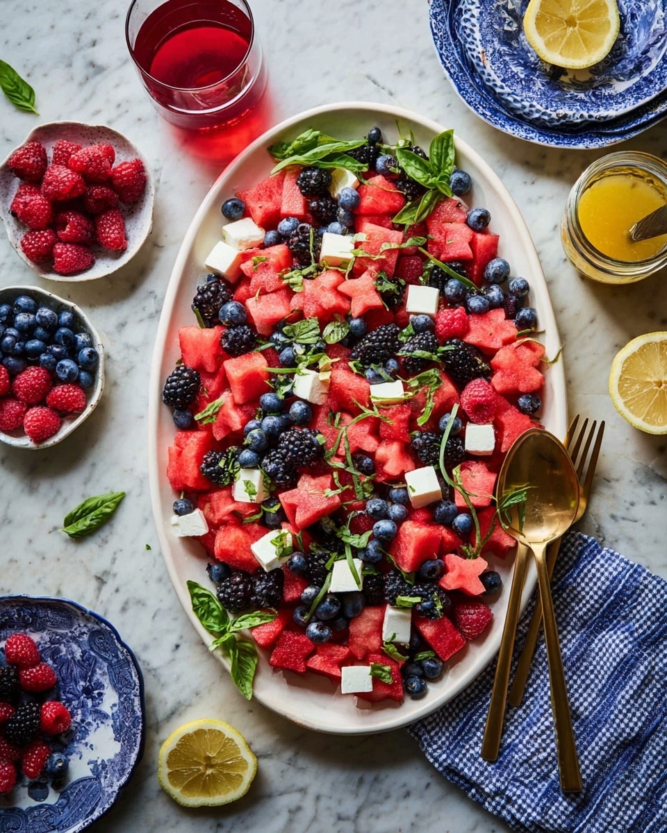 A large white oval plate filled with a colorful fruit and cheese salad is shown from above. The bottom visible layer consists of a mix of blackberries, blueberries, and raspberries, providing deep purple, blue, and bright red colors. On top of this, there are medium red watermelon cubes, some cut into star shapes adding a playful detail. Scattered evenly within the watermelon and berries, there are small white cheese cubes, slightly textured and soft-looking. Bright green fresh basil leaves and thin green strips of leaves are spread throughout the dish, adding a lively contrast. The plate rests on a white marbled surface with a halved lemon and a cloth napkin nearby, complementing the fresh, summery feel. Photo taken with an iphone --ar 4:5 --v 7