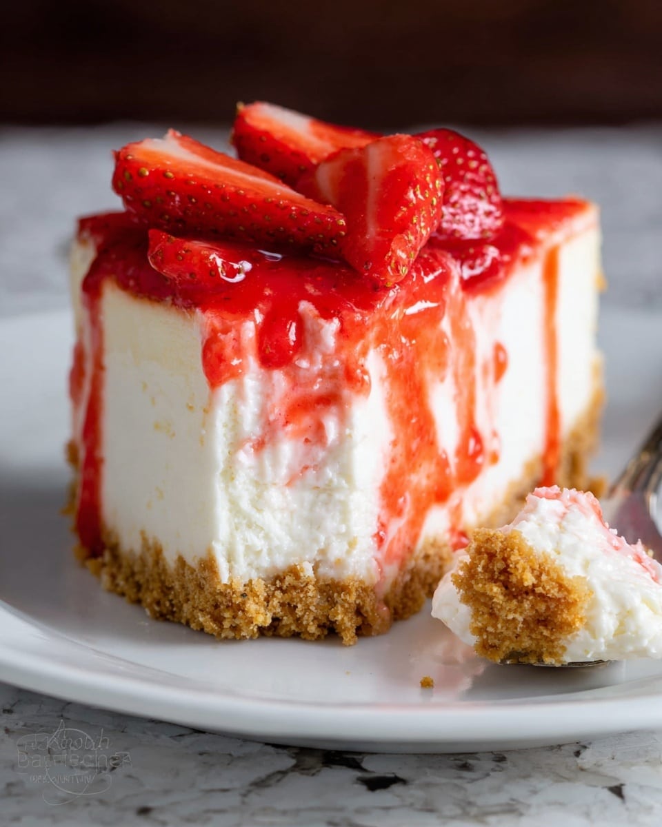 A slice of cheesecake with three distinct layers sits on a white plate with a white marbled texture surface beneath. The bottom layer is a thick, crumbly light brown crust, the middle layer is a thick, creamy off-white cheesecake, and the top layer is glossy, bright red strawberry sauce drizzled down the sides, topped with fresh red strawberry slices. To the right, a white spoon holds a small bite-sized piece of the cheesecake showing the same three layers. photo taken with an iphone --ar 4:5 --v 7
