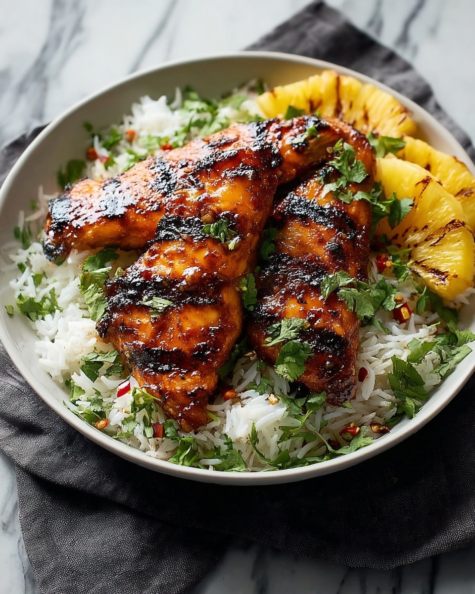 The image shows a white plate with two grilled chicken pieces on top of a bed of white rice. The chicken has dark grill marks and a shiny, slightly charred, golden-brown surface, sprinkled with small green herbs. The rice is fluffy with white grains, mixed with small chopped green herbs and red chili pieces scattered throughout. Behind the chicken, there are a few pieces of grilled pineapple with a light golden color. The plate is set on a white marbled texture surface, and the photo has a close, warm view. Photo taken with an iphone --ar 4:5 --v 7