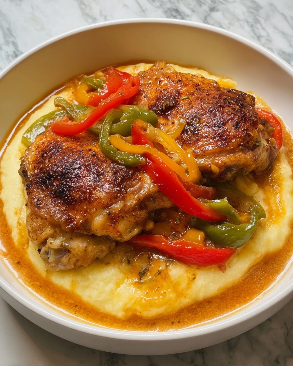 A white bowl holds a dish with three main layers. The bottom layer is creamy mashed potatoes with a smooth and slightly lumpy texture in a pale yellow color. On top of this lies a rich orange-brown sauce that pools around the edges of the mashed potatoes. The top layer features two pieces of roasted chicken thighs with crispy, browned skin, showing a shiny pattern of spices. Around and on the chicken are strips of cooked bell peppers in bright red, green, and yellow colors, adding a soft texture and vibrant contrast. The bowl is placed on a white marbled surface. photo taken with an iphone --ar 4:5 --v 7