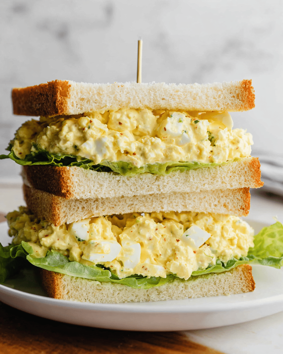 The image shows a sandwich with three clear layers on a round white plate. The bottom layer is a fresh, bright green leaf of lettuce with a smooth texture, lying flat on the plate. Above the lettuce is a thick layer of yellowish egg salad mixed with small pieces of egg and green herbs, giving it a chunky and creamy look. On top of the salad, there is a slice of soft, light brown bread with a slightly crunchy crust and soft crumb inside. Next to the sandwich, on the plate, are some golden, wavy potato chips. The whole scene is set on a white marbled surface, creating a clean and fresh look. photo taken with an iphone --ar 4:5 --v 7