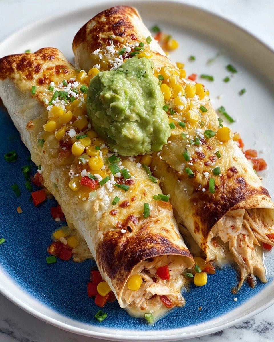The dish shows five rolled enchiladas placed close together on a white plate with a blue center. The enchiladas have a golden-brown baked tortilla exterior with melted cheese slightly visible inside through some openings. On top, there is a generous scoop of green guacamole that looks creamy and fresh. Surrounding and covering the guacamole is a colorful mix of yellow corn kernels and small diced red bell peppers, sprinkled with white cheese and thinly sliced green onion pieces. Some corn and cheese bits are scattered around the plate for extra detail. The plate sits on a white marbled surface. Photo taken with an iphone --ar 4:5 --v 7