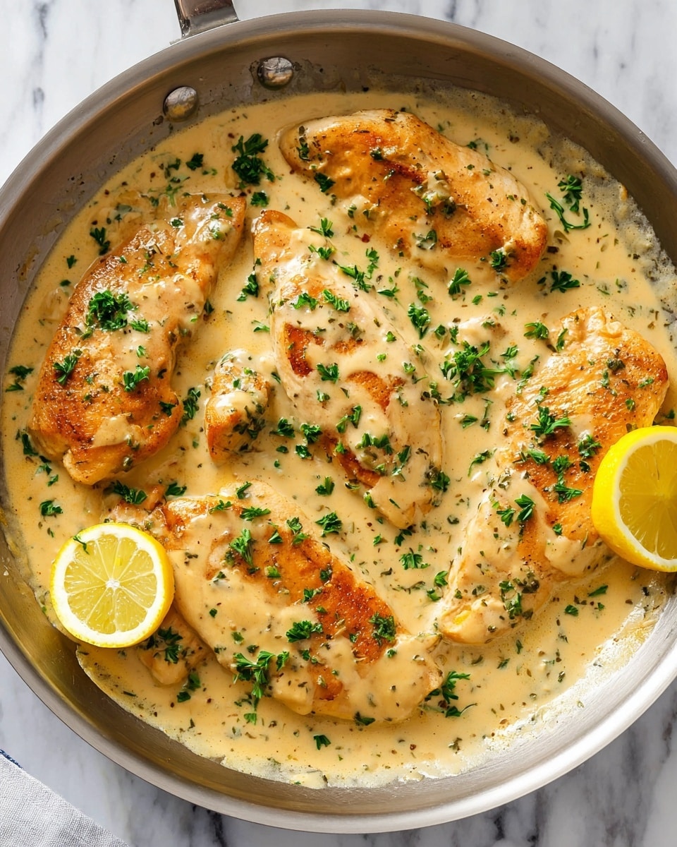 In a stainless steel pan, six golden brown chicken breasts are nestled in a creamy, light yellow sauce speckled with herbs. The sauce has a smooth, velvety texture coating the chicken evenly, with scattered finely chopped green parsley on top for a fresh touch. On the right side, there are three bright yellow lemon wedges adding a pop of color against the creamy and brown tones. The pan sits on a white marbled surface with a beige-colored cloth partially visible in the top corner. Photo taken with an iphone --ar 4:5 --v 7