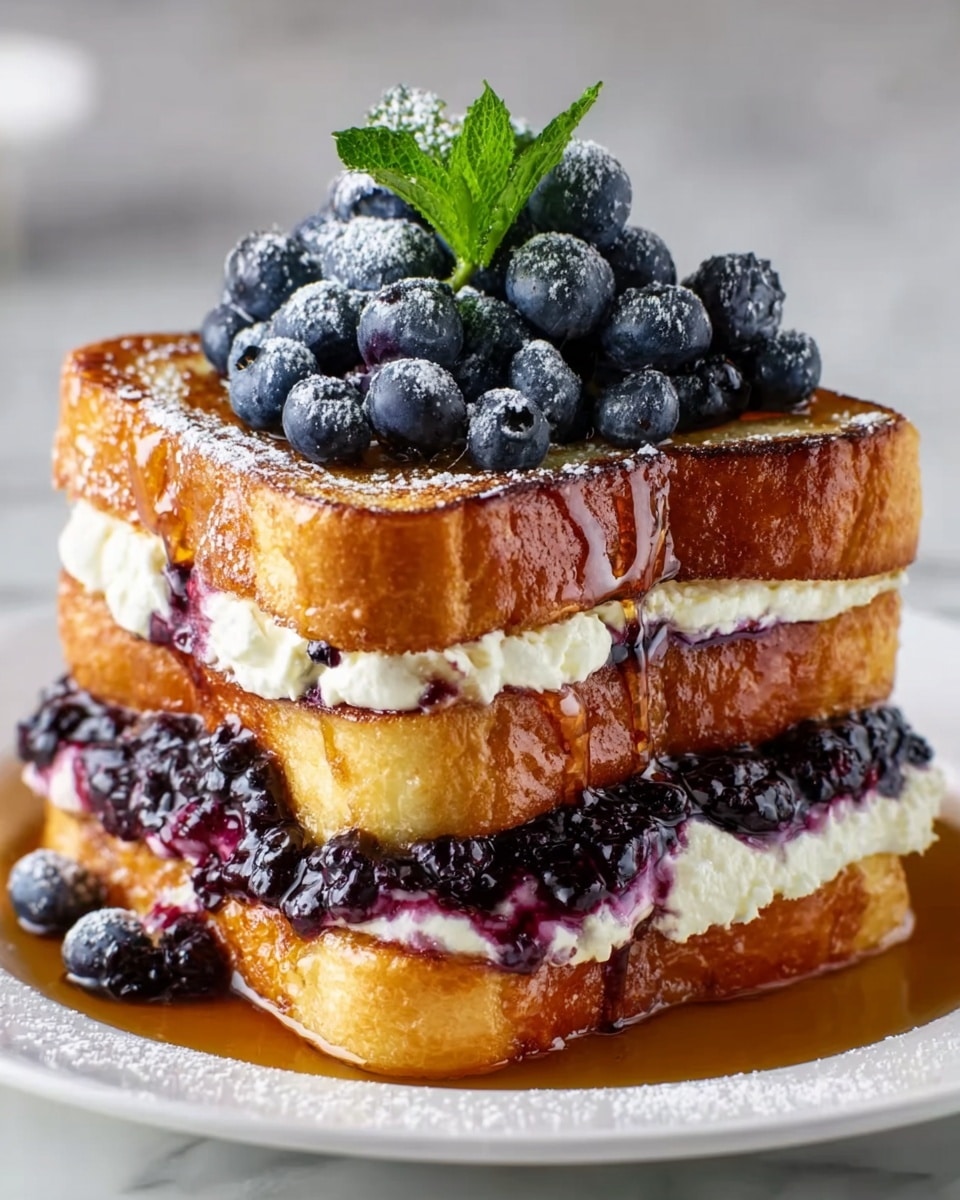 Two thick pieces of golden-brown French toast stacked on a white plate with a textured rim, sitting on a white marbled surface. The bottom layer is thick French toast with a creamy white layer of soft cheese or whipped cream spread on top. A dark purple blueberry jam with visible berry chunks covers the cream and drips slightly down the sides. The top piece of French toast is glossy with syrup and powdered sugar sprinkled lightly over it. A small pile of fresh blueberries sits in the middle of the top toast, crowned with a small green mint leaf. More blueberries and syrup drip around the base of the toast. Photo taken with an iphone --ar 4:5 --v 7
