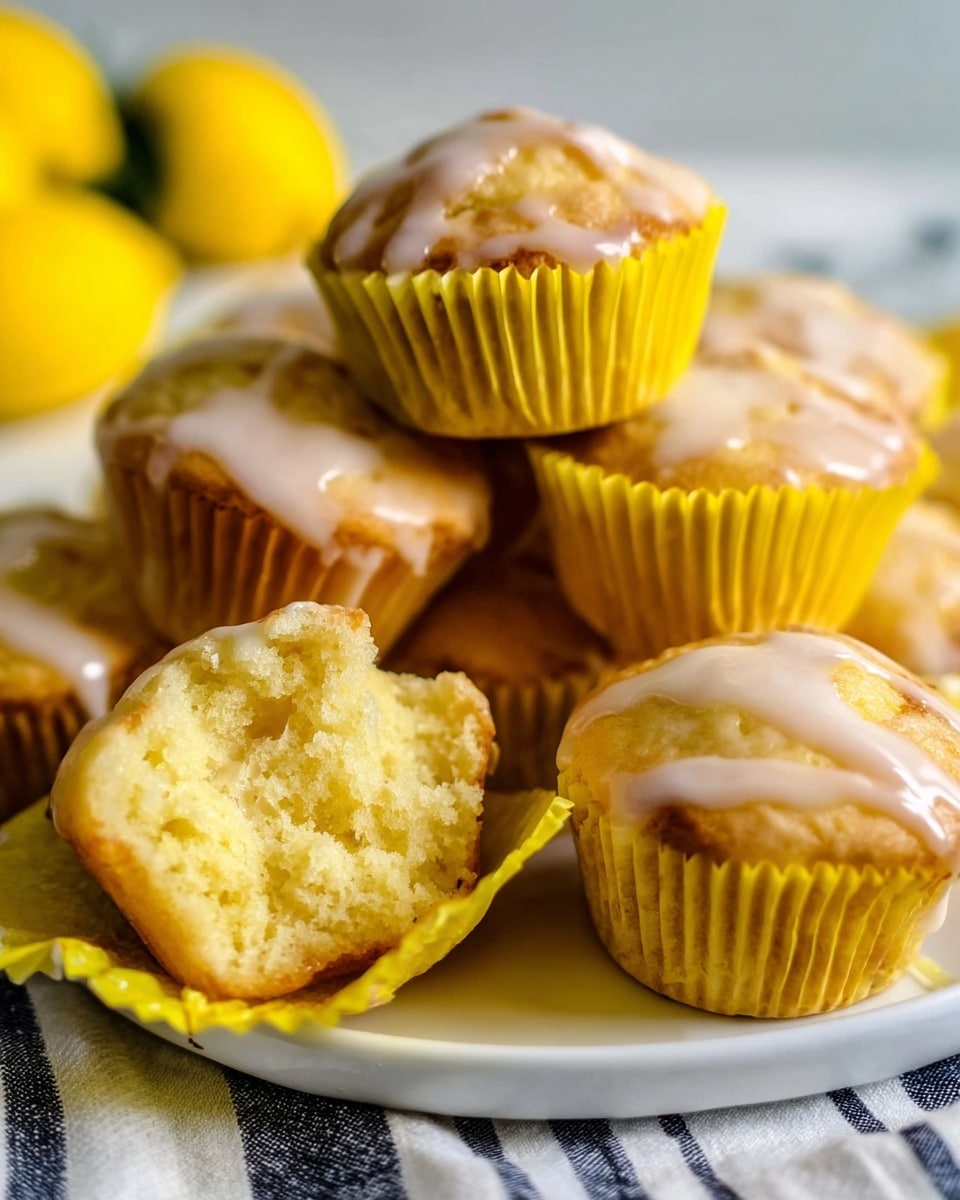 A group of small lemon muffins in bright yellow paper cups sits on a white plate, layered closely together. Each muffin has a light golden-brown top covered with a thin, shiny white glaze that drips slightly down the sides, showing soft textures underneath. One muffin is broken open and placed on top, revealing a soft, moist, and pale yellow inside. In the blurry background, bright yellow lemons add fresh color. The scene is set on a white marbled surface with a striped cloth underneath part of the plate. photo taken with an iphone --ar 4:5 --v 7