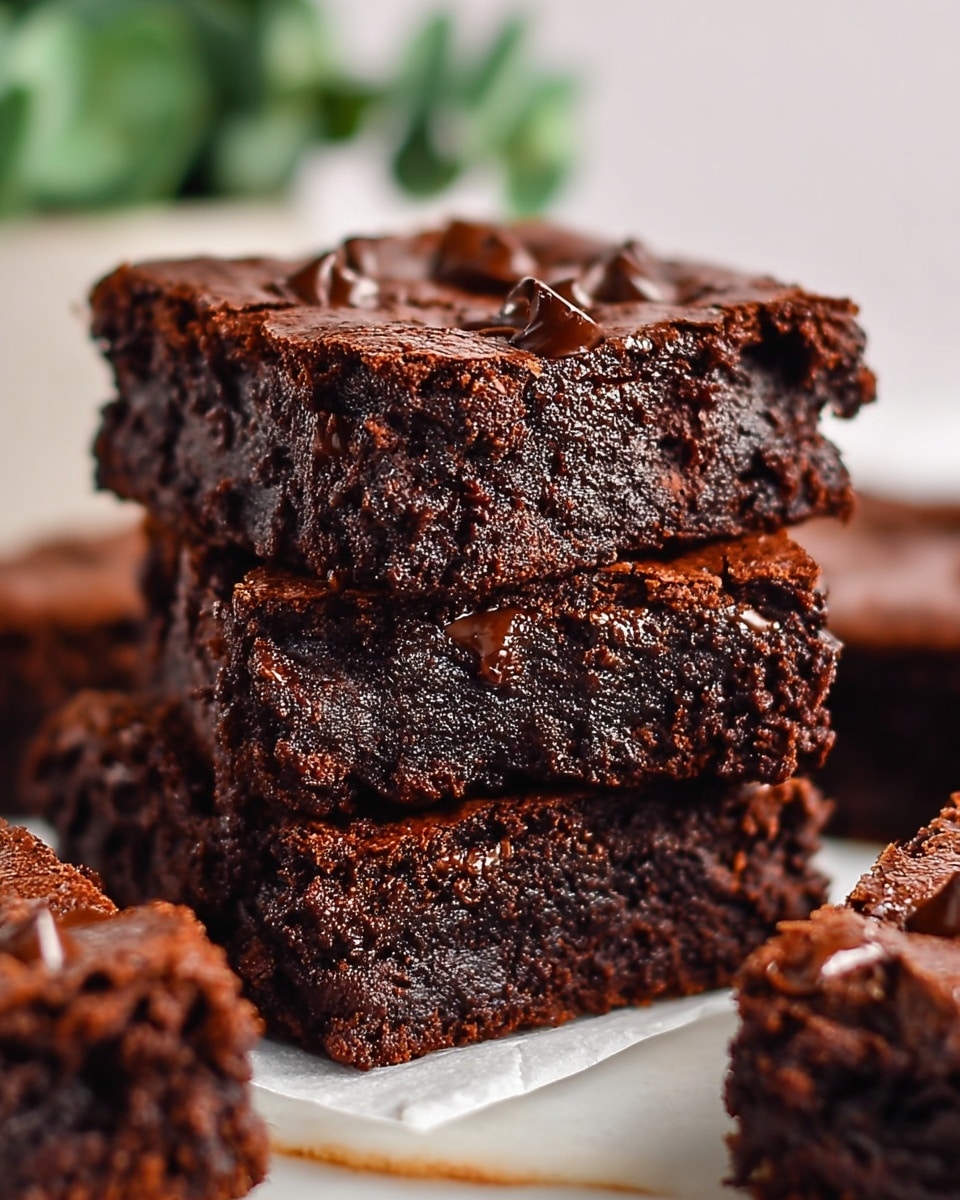 The image shows a stack of three thick, rich chocolate brownies with a dark brown color. The brownies have a slightly cracked, textured top layer with shiny melted chocolate chips scattered on it. The middle layer is dense and moist, with gooey chocolate filling visible between the middle and bottom brownie, which also looks soft and fudgy. Surrounding the stack are more brownies on a white marbled surface, creating a cozy and inviting chocolate treat scene. photo taken with an iphone --ar 4:5 --v 7