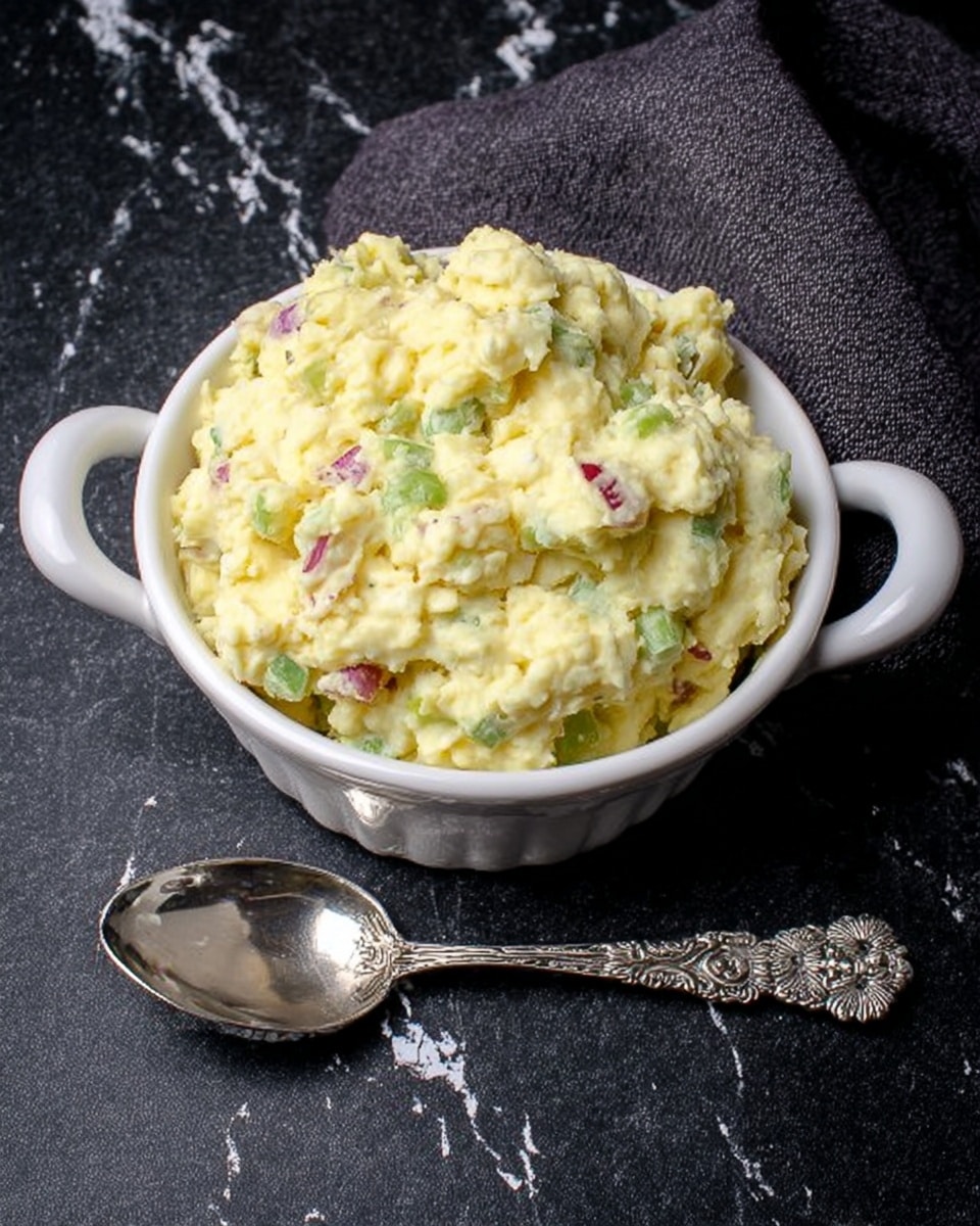 A white bowl with black wheat design around the middle is filled to the top with a chunky, pale yellow potato salad mixed with small pieces of green celery, red onion, and hard-boiled eggs. The texture looks creamy but still thick with visible bits of vegetables and eggs throughout. The bowl is placed on a dark cloth with a large silver spoon with flower details on the handle resting beside it. The background is a white marbled texture. photo taken with an iphone --ar 4:5 --v 7