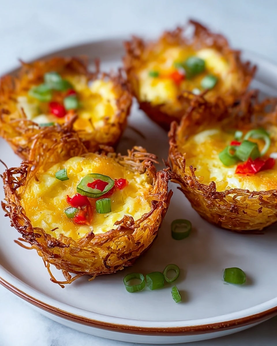 The image shows four crispy-looking bite-sized potato nests shaped like cups sitting on a white plate with a thin brown edge. Each nest has a golden-brown crunchy outer layer made from shredded, fried potatoes with uneven edges. Inside each cup is a creamy yellow egg and cheese filling topped with small bright red pepper pieces and chopped green onions. The white plate is on a white marbled textured surface, and a few scattered green onion pieces are on the plate around the nests. photo taken with an iphone --ar 4:5 --v 7