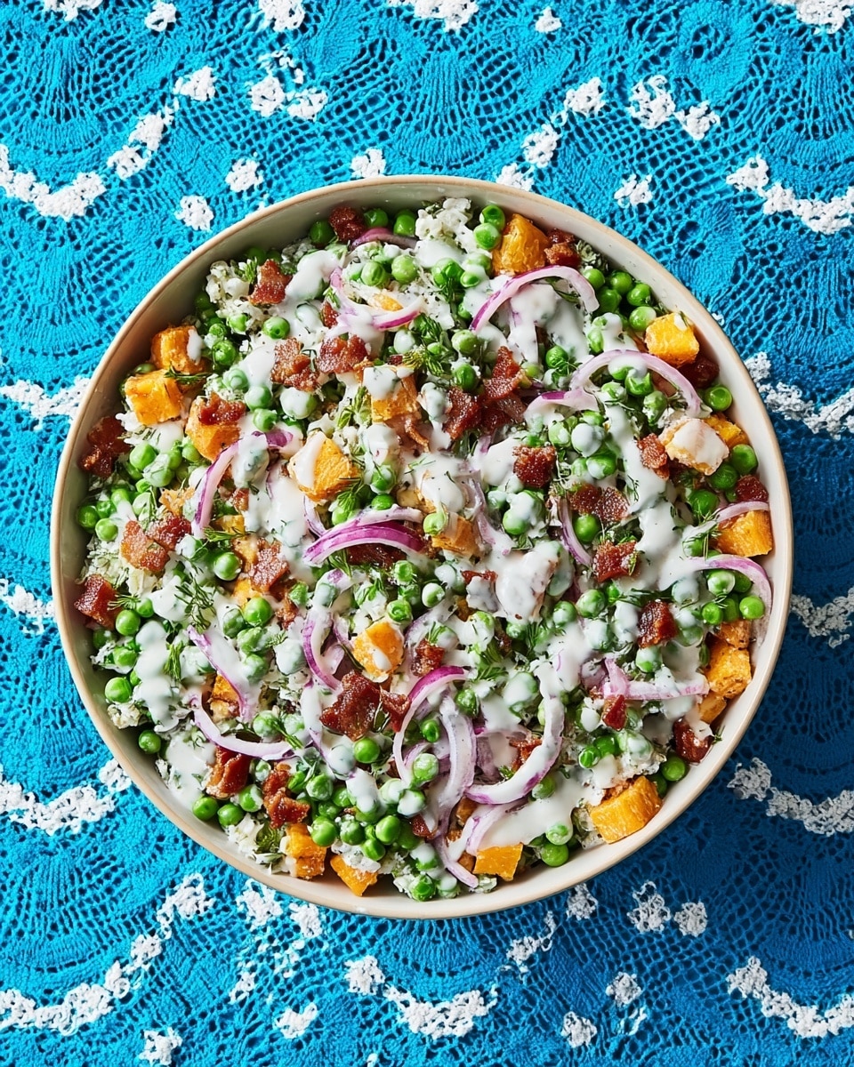 A round white bowl filled with a colorful salad containing three main visible layers: a base layer of fresh green peas, scattered chopped orange cheese cubes and thin slices of purple onion, and topped with a creamy white dressing drizzled evenly. Small green herb pieces are sprinkled on top, and strips of cooked bacon add a brown contrast throughout. The bowl sits on a bright blue cloth with white lace-like patterns, visible around the edges. photo taken with an iphone --ar 4:5 --v 7