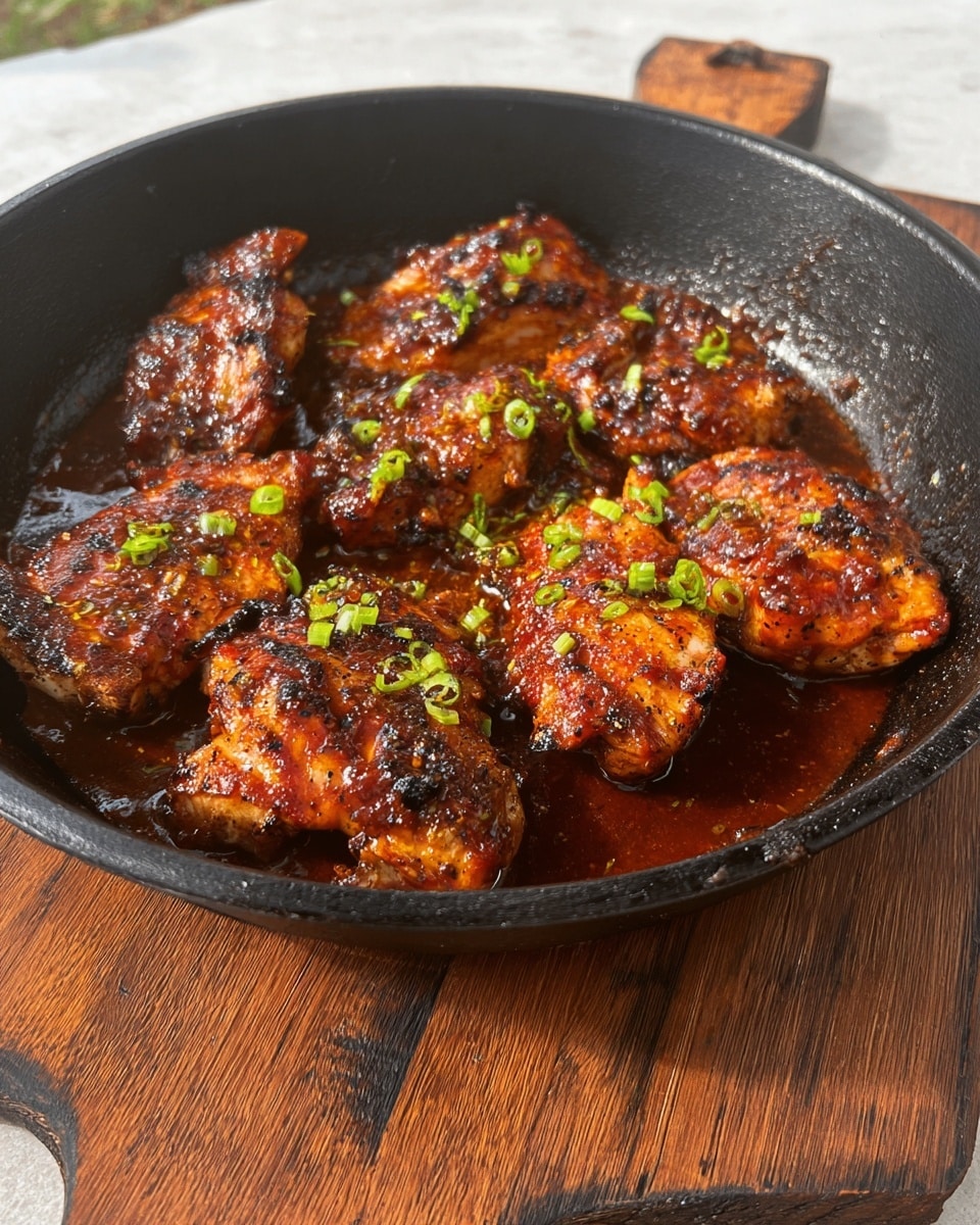 A black skillet holds several pieces of grilled chicken coated in a shiny, deep reddish-brown sauce, with char marks enhancing their texture. The chicken pieces are scattered throughout the pan, partially submerged in the rich sauce. Small green onion slices are sprinkled evenly over the chicken, adding a fresh contrast in color. The skillet sits on a wooden cutting board with visible grain patterns, all set against a white marbled textured surface in the background. photo taken with an iphone --ar 4:5 --v 7