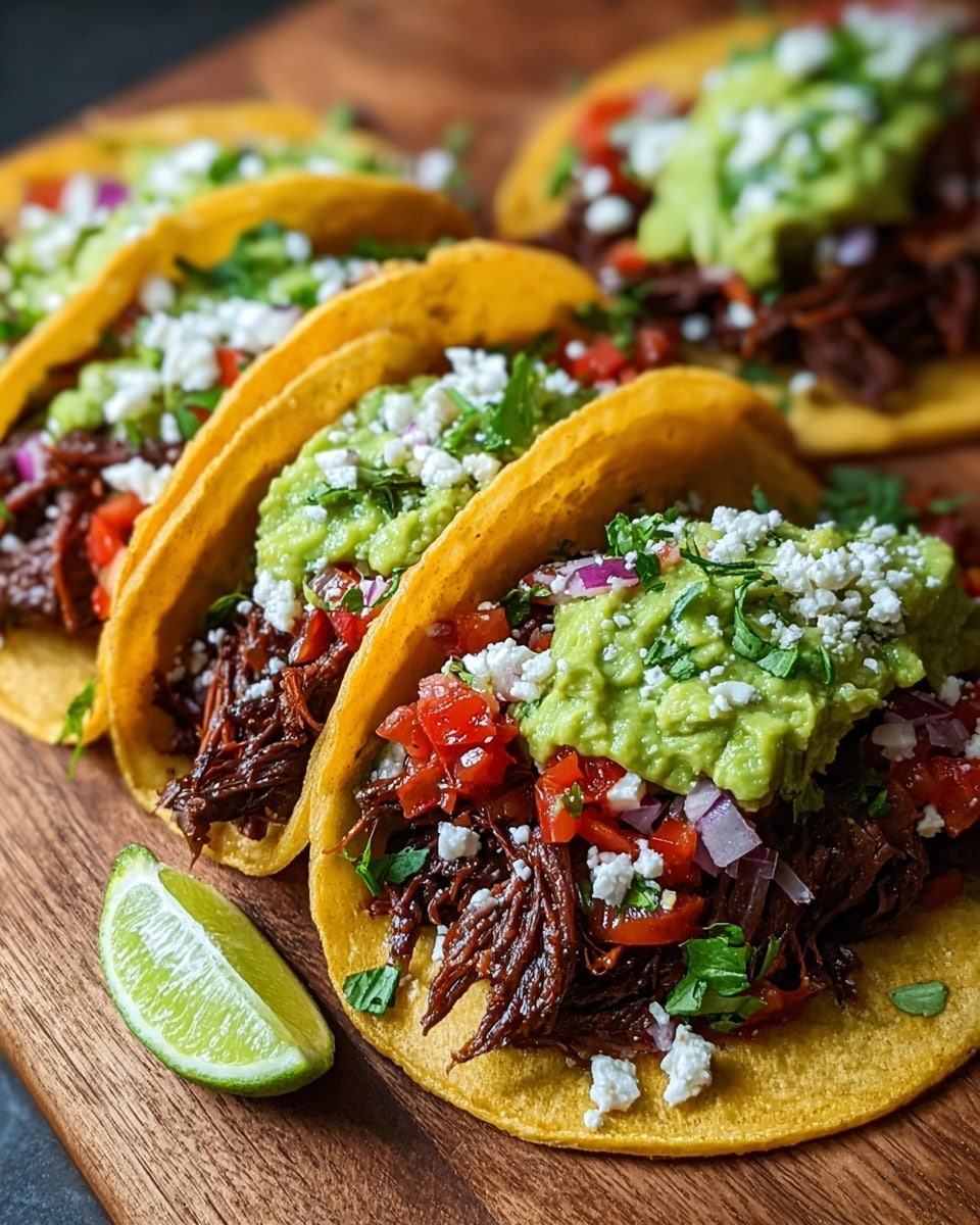 This image shows four tacos arranged closely on a wooden surface, each with two yellow corn tortillas forming a shell. Inside each taco, there is a base layer of dark brown shredded meat with a moist and tender texture. On top of the meat, there is a layer of finely chopped red tomatoes mixed with diced red onions, adding bright red and purple colors. Above the tomato layer, there is a generous dollop of green guacamole with a creamy and slightly chunky texture. Finally, white crumbled cheese is sprinkled on top along with small pieces of green cilantro leaves for garnish. A wedge of lime is placed near the front for serving. The photo taken with an iphone --ar 4:5 --v 7