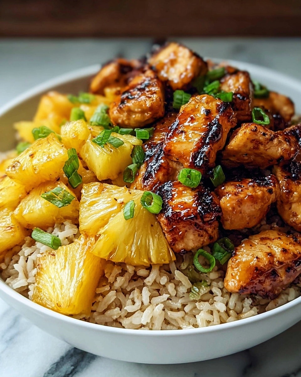 A white bowl filled with three layers: the bottom layer is light brown cooked rice with a fluffy texture, the middle layer is bright yellow grilled pineapple chunks with a slightly caramelized surface, and the top layer features golden-brown grilled chicken pieces with charred marks and a shiny glaze. Small pieces of chopped green onions are sprinkled on top, adding a fresh green contrast. The bowl sits on a white marbled surface, and the image is captured close-up, showing the glossy and textured details of each ingredient. photo taken with an iphone --ar 4:5 --v 7