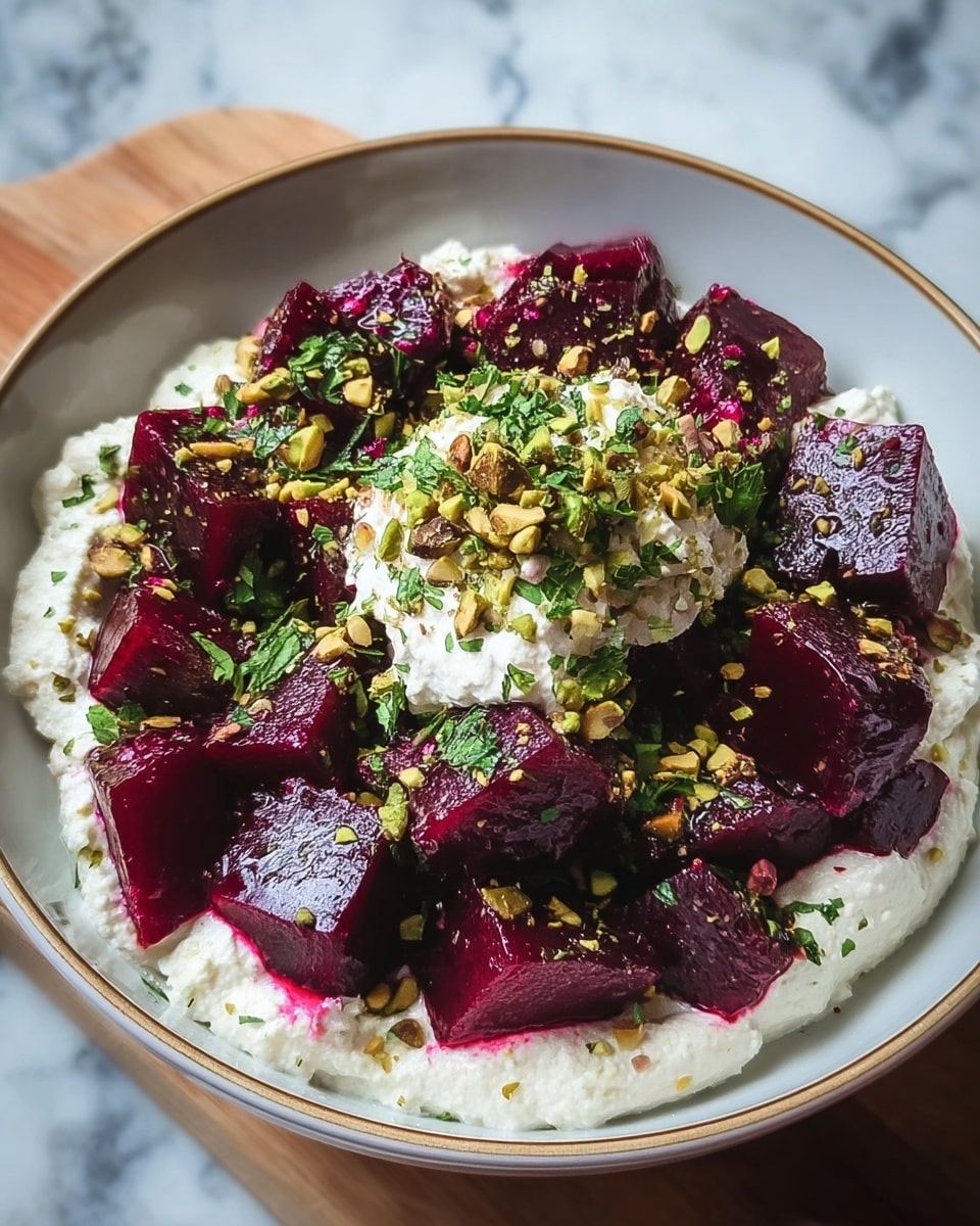 A white bowl on a white marbled surface holds a layered dish starting with a thick, creamy white base of ricotta cheese spread evenly at the bottom. On top, there are deep red, glossy chunks of roasted beetroot, cut into irregular cubes, giving a rich and shiny texture. Scattered over the beetroot are small, bright green pieces of chopped pistachios and fresh green herbs, adding color contrast and a crunchy texture. Two slices of crusty bread with a light golden-brown crust and soft, airy insides are placed at the back of the bowl, leaning casually against the rim. Light olive oil is drizzled around the edges of the cheese, adding a subtle shine to the scene. The photo is taken with an iphone --ar 4:5 --v 7