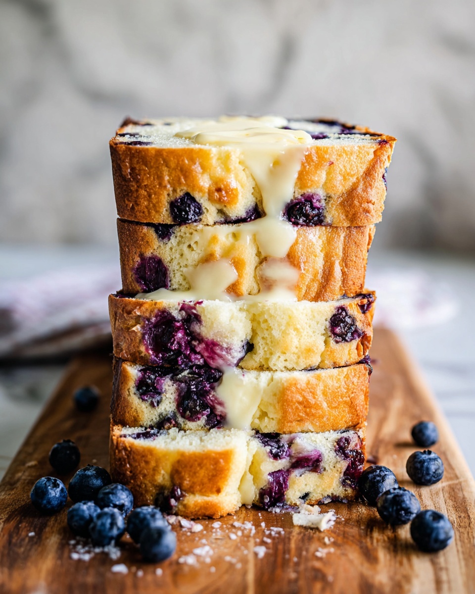 A tall stack of five thick slices of blueberry pound cake sits on a wooden board, each slice showing a soft, golden-brown crust with light, fluffy yellow cake inside, dotted with many dark purple blueberries. The top slice has melted butter oozing down its center, creating a shiny, creamy white layer contrasting with the cake. Fresh blueberries are scattered around the base adding a pop of dark blue color. The background is softly blurred with warm light, and the whole scene rests on a white marbled surface. photo taken with an iphone --ar 4:5 --v 7