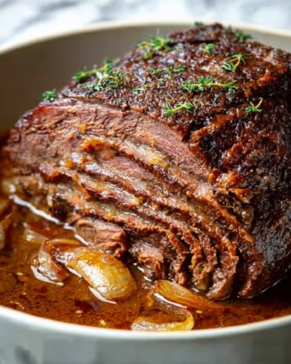 The image shows a cooked beef roast with a dark brown, slightly crispy outer layer seasoned with herbs and small pieces of garlic. The roast is sliced thinly, revealing multiple layers of tender, juicy meat inside with a pinkish-brown color. The roast is placed inside a white dish and sits in a rich brown sauce with visible chunks of cooked vegetables, likely onions or carrots. Some green herbs are placed on top for garnish. The background is a white marbled texture. Photo taken with an iphone --ar 4:5 --v 7