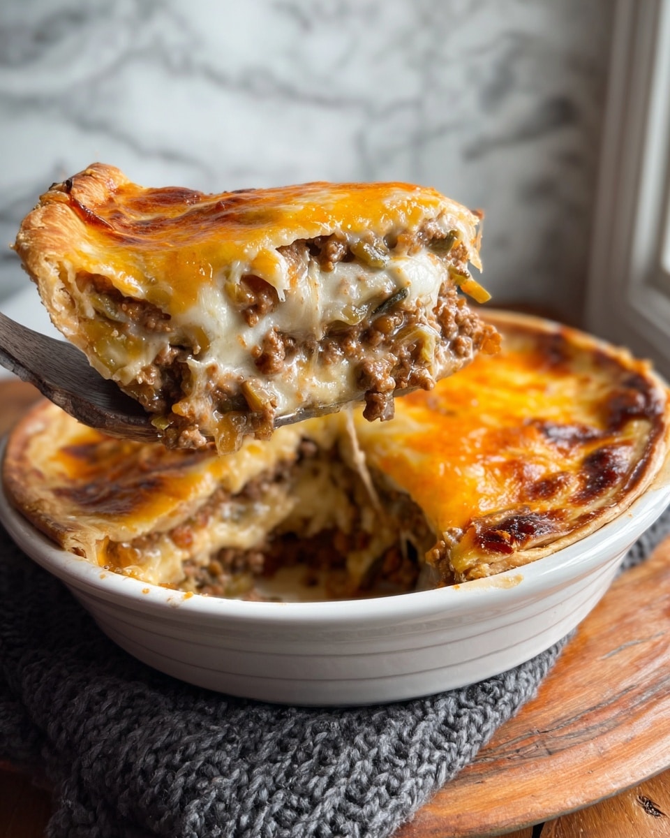 A close-up of a slice being lifted from a baked dish in a white bowl. The dish has three visible layers: the bottom crust is light brown and crispy, followed by a thick layer of cooked ground meat mixed with small bits of vegetables, and the top layer is melted cheese with a golden brown and yellow mix, slightly bubbling. The surface of the dish shows an even spread of the melted cheese with browned spots, and the slice being lifted reveals the thickness and texture of each layer. The bowl sits on a wooden surface with a soft dark knitted fabric beneath it and a blurred background with a vase and window. Photo taken with an iphone --ar 4:5 --v 7
