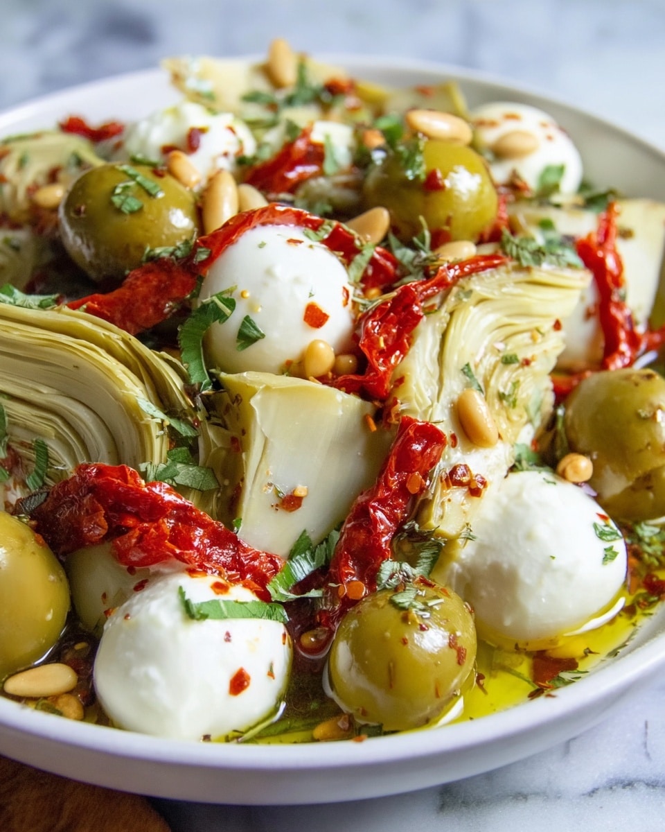 The image shows a close-up of a white bowl filled with a colorful mix of food. The bottom layer has light green artichoke pieces with a soft, fibrous texture, arranged around the edges. Scattered on top are shiny, green olives that have a firm, smooth surface. There are smooth, white mozzarella balls sprinkled evenly through the bowl, adding a soft, creamy look. Bright red roasted pepper strips are placed on top, providing a shiny, slightly wrinkled contrast to the smooth layers below. The dish is decorated with small green herb leaves, tiny pine nuts, and bits of red pepper flakes, giving a vibrant, fresh appearance. The white marbled surface below adds a clean, elegant feel. photo taken with an iphone --ar 4:5 --v 7