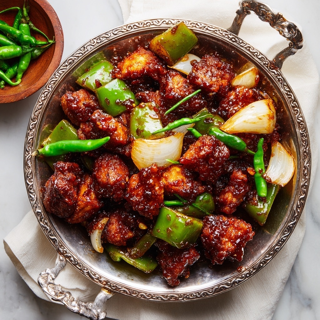 The dish is served in a silver oval platter filled with deep reddish-brown crispy chicken pieces coated in a sticky sauce. Mixed among the chicken are chunky green bell pepper pieces and thick slices of white onion, both slightly glossy from the sauce. The chicken pieces have an uneven, crispy texture, and the sauce looks thick and richly spiced. The platter is placed on a white marbled surface with a white cloth napkin on the right side. Photo taken with an iphone --ar 4:5 --v 7