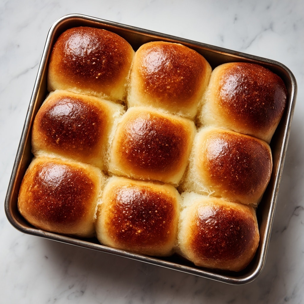 A metal square baking tray is filled with twelve soft, round bread rolls arranged in a 3 by 4 grid. Each roll has a smooth, shiny, golden-brown top that looks slightly glossy, contrasting with the lighter, fluffy sides touching each other closely. The bread surface texture appears soft and slightly puffy, with subtle cracks visible along the edges where the rolls meet. The tray rests on a white marbled surface. photo taken with an iphone --ar 4:5 --v 7